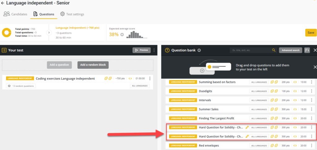 Arrow pointing to a custom question in the question bank.