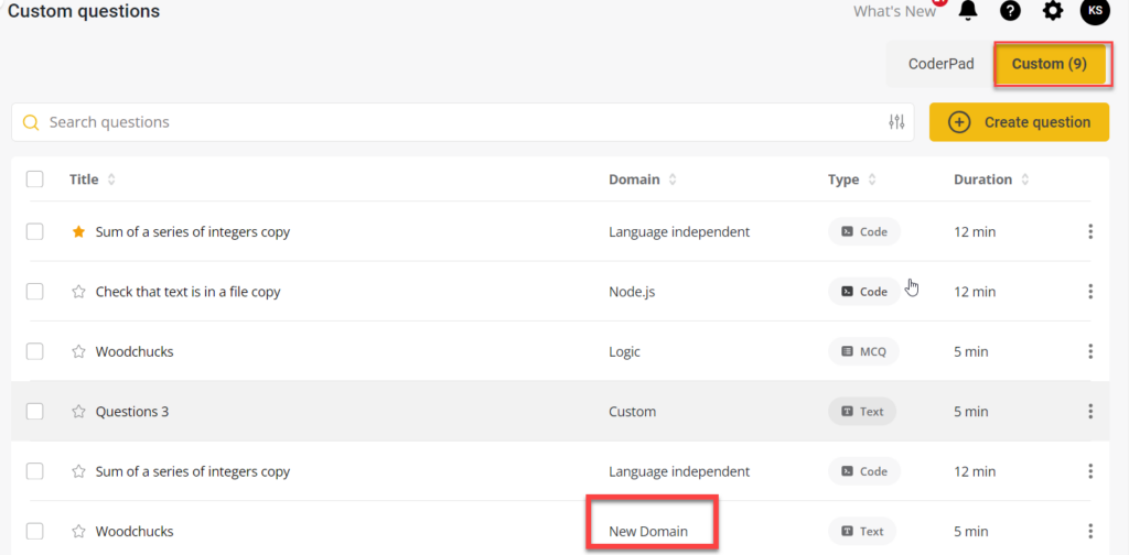 Custom questions tab is highlighted in the top right of the screen. A list of questions with one question displaying the new domain in the "Domain" column.