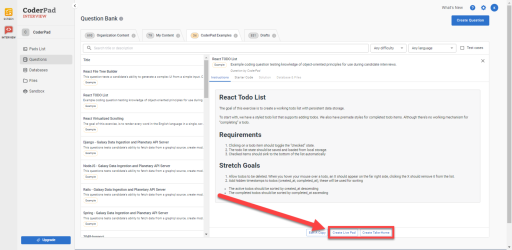 A selected coderpad example question with the "Create live pad" and "Create take-home" buttons highlighted at the bottom.