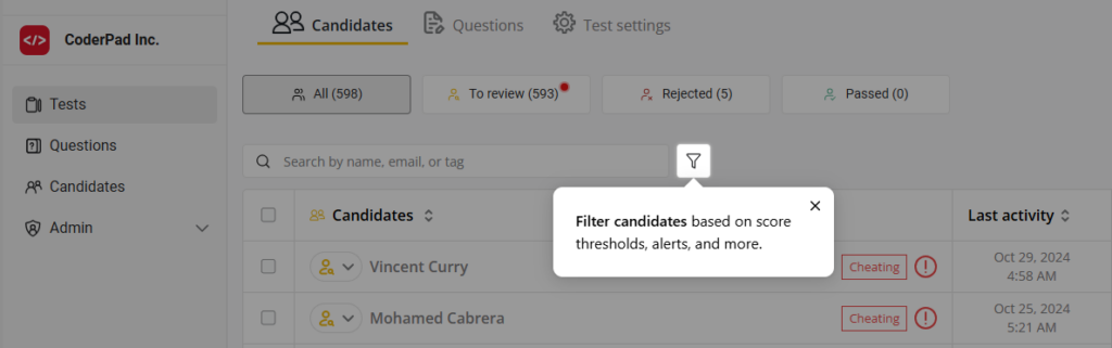 Screenshot of the CoderPad Inc. candidate management interface. The screen displays filtering options for candidates, including tabs for 'All,' 'To review,' 'Rejected,' and 'Passed.' A filter tooltip explains options to filter candidates based on score thresholds, alerts, and more. Two candidates, Vincent Curry and Mohamed Cabrera, are flagged with 'Cheating' alerts, with the date and time of the last activity shown.