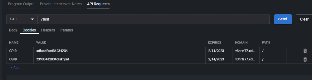 The request window with the cookies tab selected. Two cookies are entered with the name, value, expires, domain, and path fields filled out with sample data.