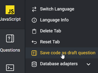 A tab menu item is open with the "create question from tab" item highlighted.