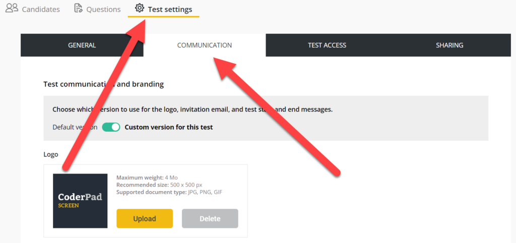 The dashboard with an arrow pointing towards the "Test Settings" tab at the top and the "Communication" tab in the window below that.