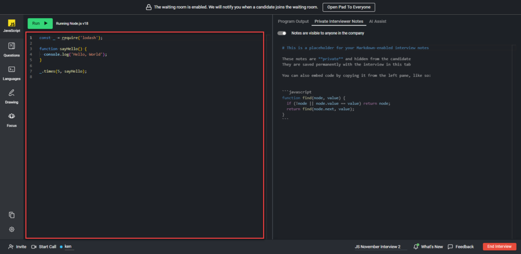 A single file pad with code highlighted in the code editor on the left of the pad.