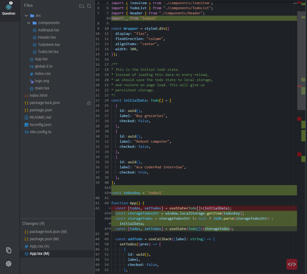 This image is a screenshot of a CoderPad  environment displaying a TypeScript file, App.tsx, with lines of code related to a todo app. On the left is a file explorer showing the project structure, including folders and files such as components, index.css, and package.json. The main code window shows an imported package from lodash, styled components for a wrapper, and initialization of a todo list state with sample tasks like "Buy groceries" and "Reboot computer". Changes are tracked with color highlights in the code editor.