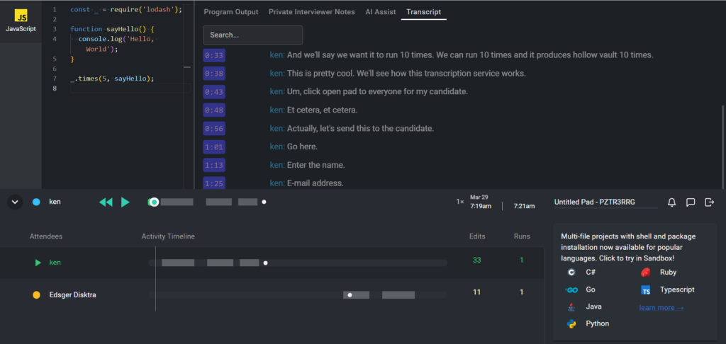 The playback screen is shown with the "Transcript" tab highlighted and the transcript with time stamps below that.