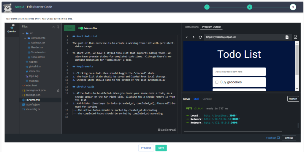 The test preview page with the starter code on the left and the program output screen on the right.