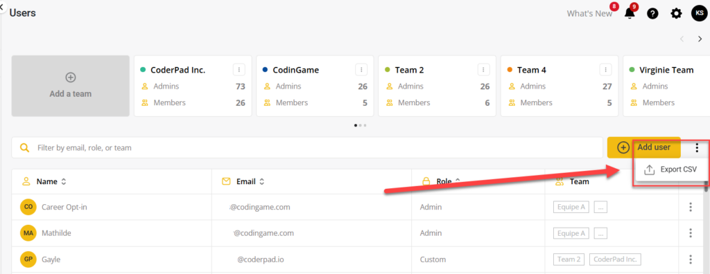Screenshot of the CoderPad Users page showing team cards at the top (e.g., CoderPad Inc., CodingGame, Team 2), a searchable user list below, and the Add user button on the right. A red arrow highlights the three-dot menu next to Add user, with the Export CSV option visible.