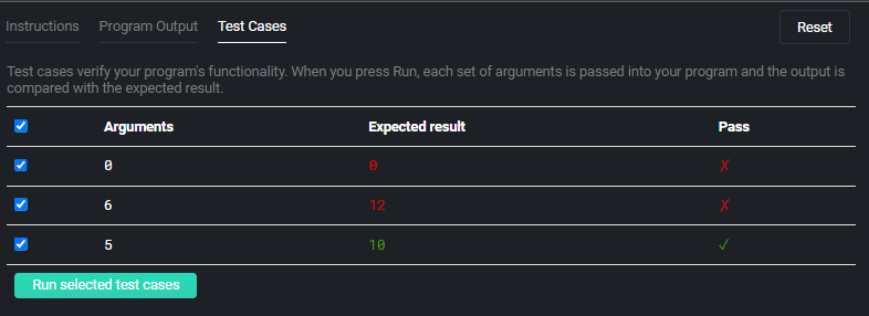 The results of the test cases. There is an arguments, expected result, and pass column value for each row/test case.