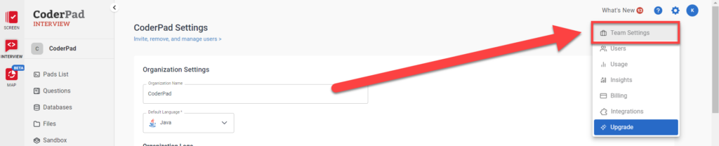 An arrow pointing to the "team settings" option in the settings menu drop down in the top right of the screen.