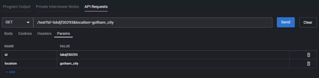 Params tab selected in the api client window. Two rows are filled out and are reflected in the url bar at the top of the window.