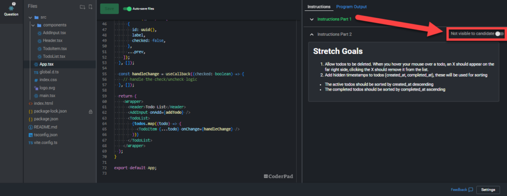 an interview pad is displayed. on the right side of the pad under "instructions" the "not visible to candidate" toggle for instructions part 2 is shown.