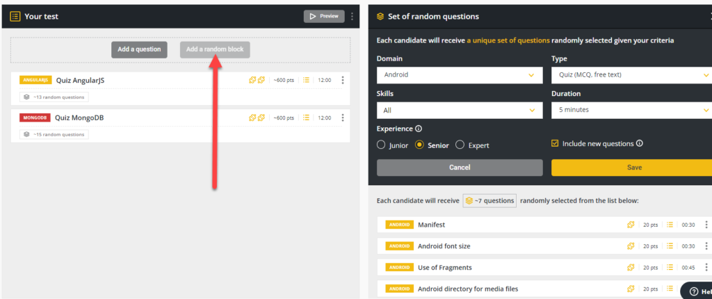 Customize test page with an arrow pointed towards the "Add a random block" button in the "Your test" modal and the "Set of random questions" modal on the right.