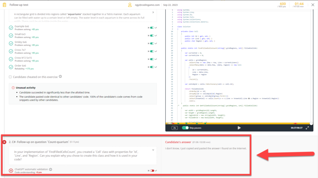 A test report is shown. In the "follow up on question" section it says "in your implementation of "findfilledcellscount", you created a "cell" class with properties for "id", "line", and "region". Can you explain why you chose to create this class and how it is used in your code?". Below that it says "chatgpt automatic validation" and has the question marked as incorrect. To the right is the candidate's answer.