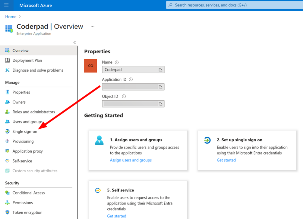 The overview screen for the new application is shown with an arrow pointing to the "single sign-on" option in the left nav menu.