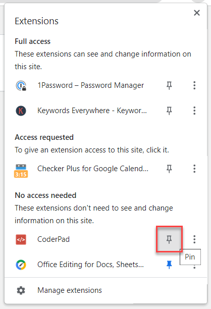 On the extension drop down the "pin" symbol is highlighted next to coderpad.