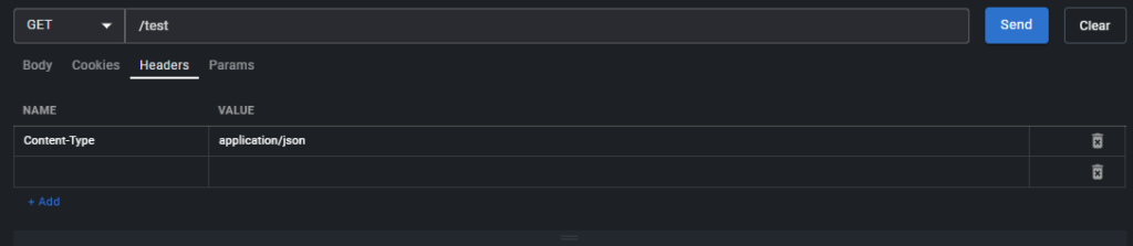 The headers tab is selected with one row filled in with content-type for the name and application/json for the value.
