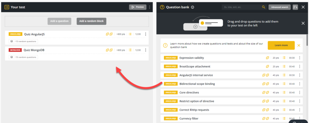 The Your test window on the left and the question bank on the right, with an arrow leading from a Java question on the right to show how to drag to Your test on the left.