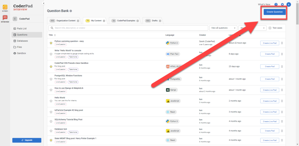 The question bank screen with the "create question" button at the top right of the screen.