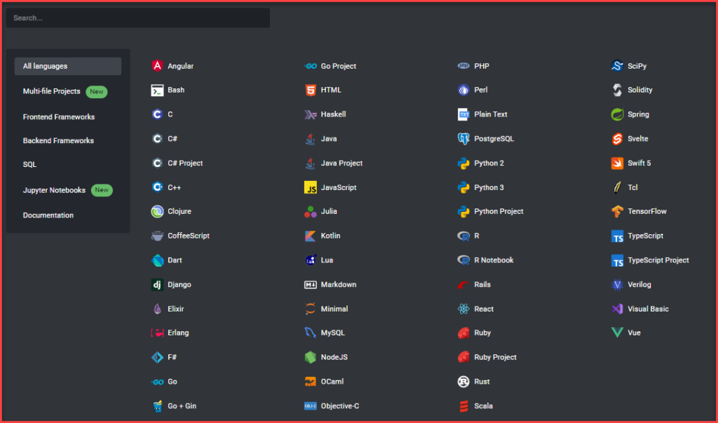 The language selection environment is displayed