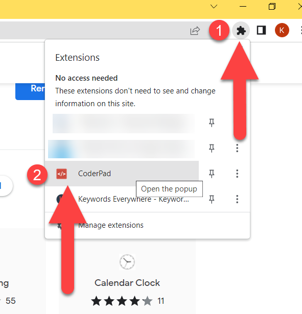 The extensions button at the top of the browser bar is highlighted. There is a dropdown menu of extensions and there is an arrow pointing to the coderpad option.