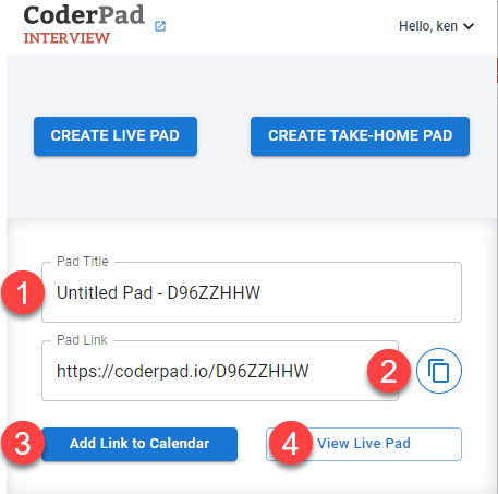 The coderpad window is open with the "create live pad" and "create take home pad" buttons displayed. Below is 1 - the pad title, 2 - the pad link, 3 - the "add link to calendar" button, and 4- the "view live pad" button.
