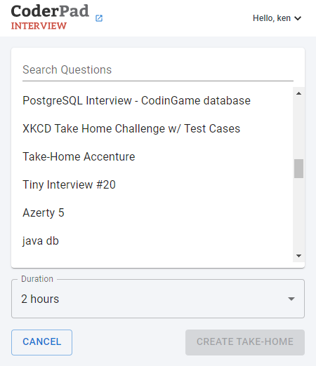 The question selection window is shown with a search bar at the top, a list of questions in a drop down list, and a "duration" drop down below that.