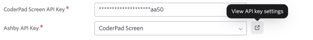 A key value form. First row says "coderpad screen api key" and then has a text box for the api key.

Second row says "ashby api key" and then has a text field for ashby api key.
