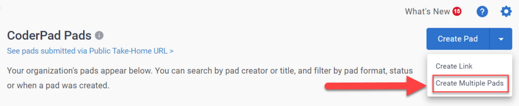 The "create pad" drop down is shown at the top right of the screen, and the "create multiple pads" option is highlighted.