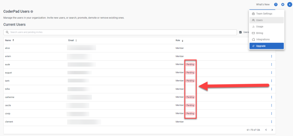 A list of users with the member role. Certain members have the word "pending" next to their role name.