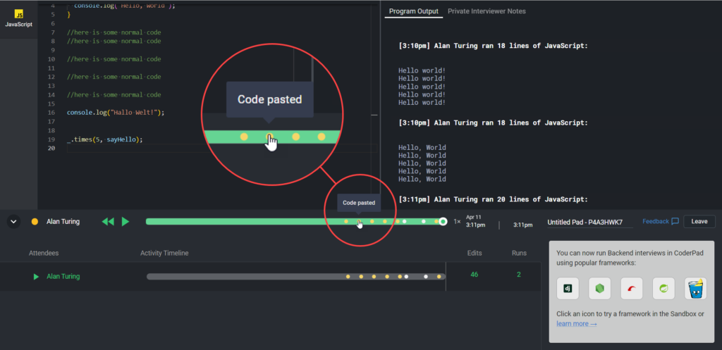The playback menu is shown. The progress bar is magnified where the mouse hovers over a yellow button with the "code pasted" pop up shown.