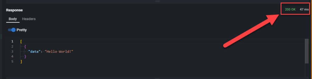 A response window with an arrow pointing to the server status, which is "200 OK" and a response time of 47 ms.