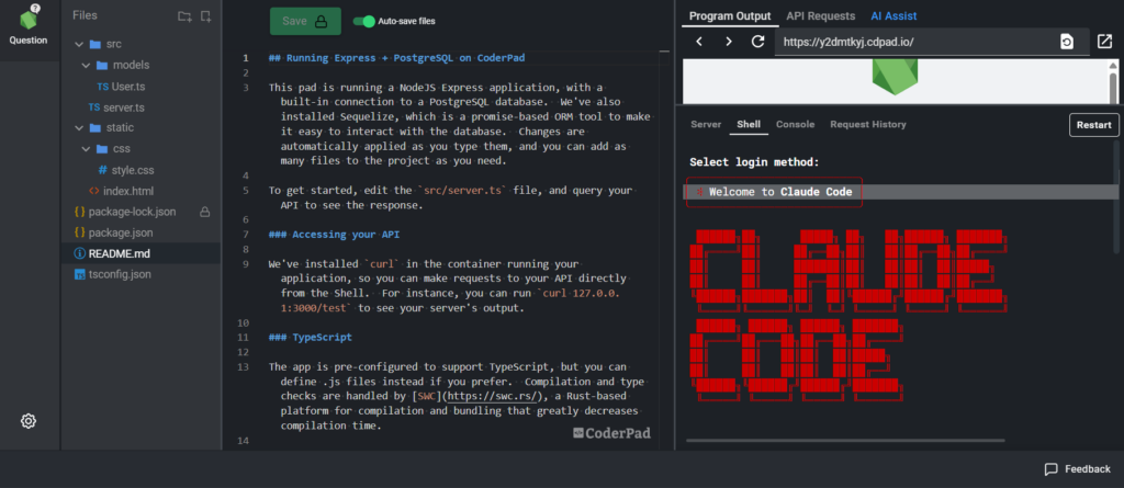 Capture d'écran d'une interface CoderPad montrant un éditeur de code à gauche et une sortie de terminal à droite. L'éditeur affiche des fichiers et des répertoires, notamment "src", "models" et "static", avec des fichiers tels que "User.ts" et "server.ts". Le texte principal décrit l'exécution d'une application NodeJS Express avec PostgreSQL. Le terminal affiche un message "Welcome to Claude Code" en ASCII, avec une barre d'URL et des options pour les sorties serveur, shell et console.