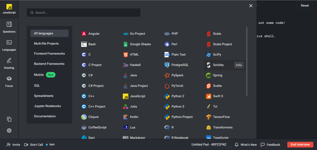The language tab which lists frontend, backend, regular, data, and documentation languages.