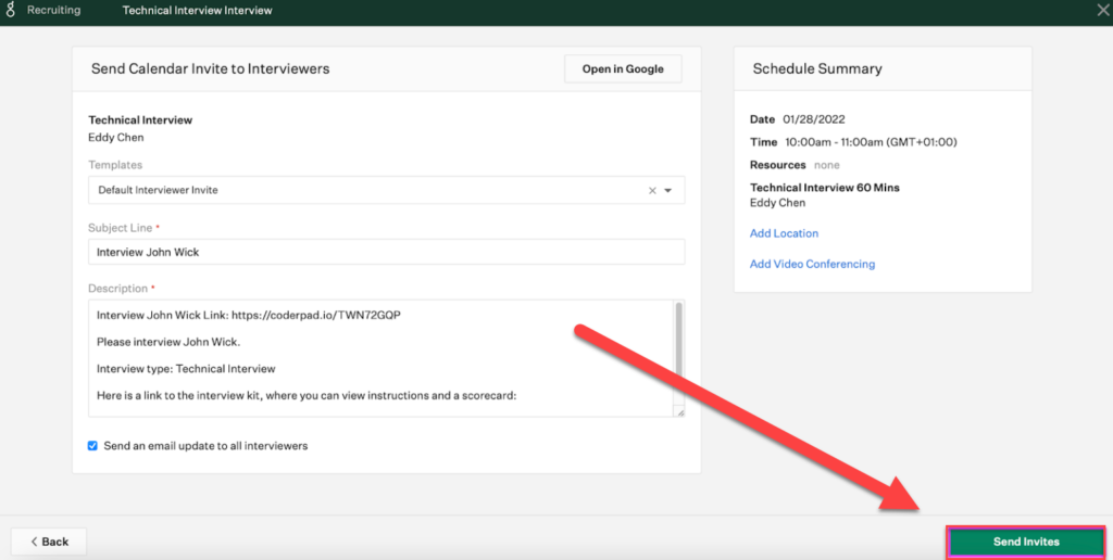 the "send calendar invite to interviewers" screen with details of the interview and an arrow pointing to the "send invites" button.