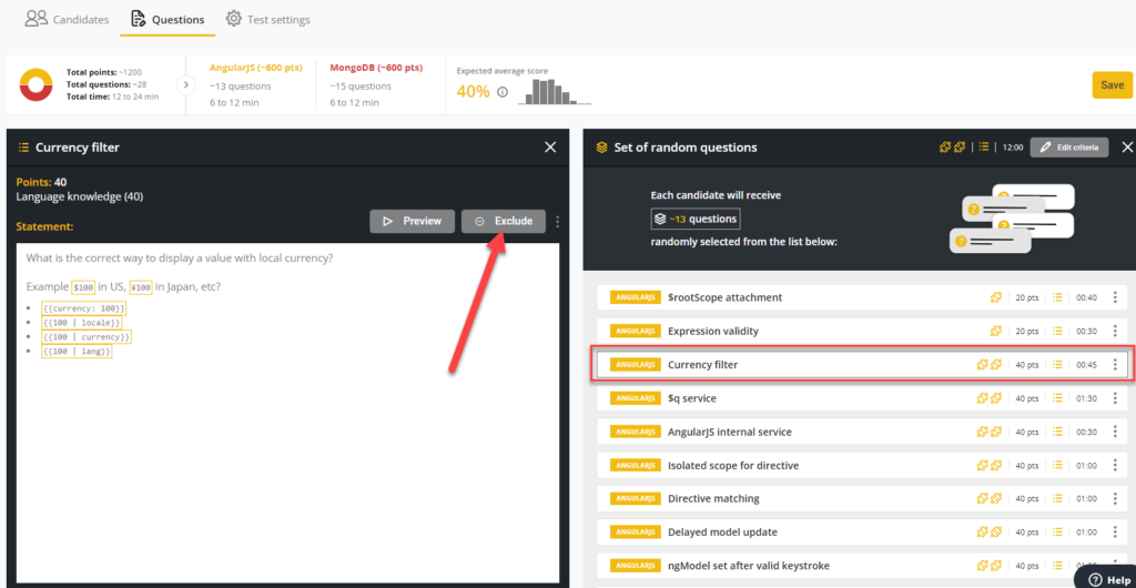 A customized test with a question opened and an arrow pointing toward the "exclude" button.