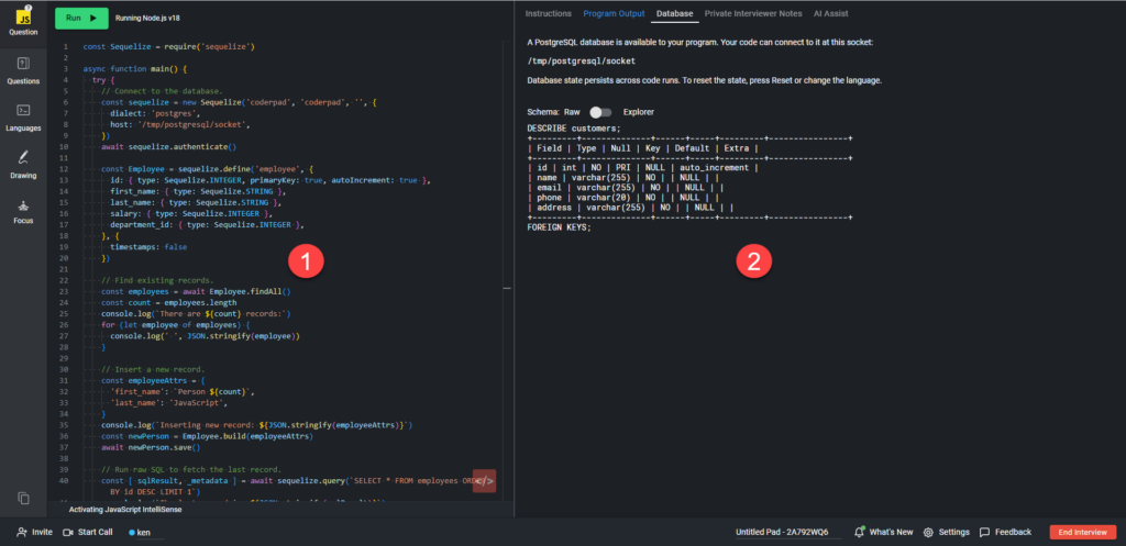 Sur le côté gauche, le code du stub pour l'adaptateur de base de données est affiché, et sur la droite, le schéma de la base de données est affiché sous l'onglet base de données.