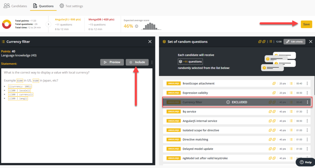 A customized test with a question opened and an arrow pointing toward the "include" button. The question on the right is grayed out and marked "excluded".