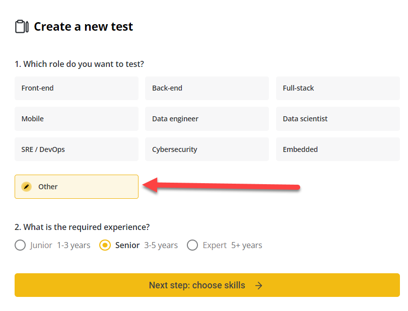 First test creation screen with "other" role selected.