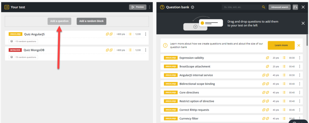 "Your test" window open with an arrow pointing towards the "add a question" button with the question bank on the right.