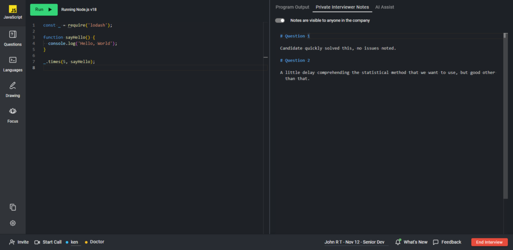 The private interviewer notes tab with the "notes are visible only to interviewers" toggle turned off (it's now labelled "notes are visible to anyone in the company").