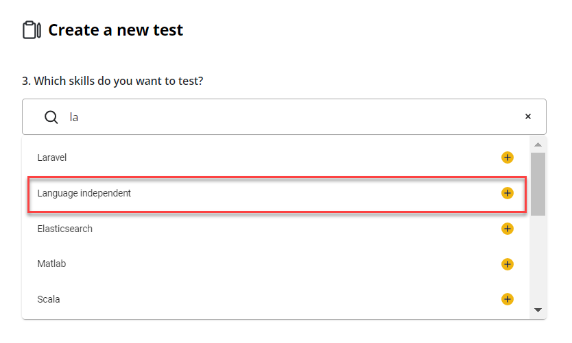 The second test creation screen is shown with "language independent" option highlighted in the drop down menu.