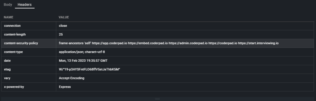 The headers tab selected in the response window with theings like "connection", "date", and "content-type" filled out.