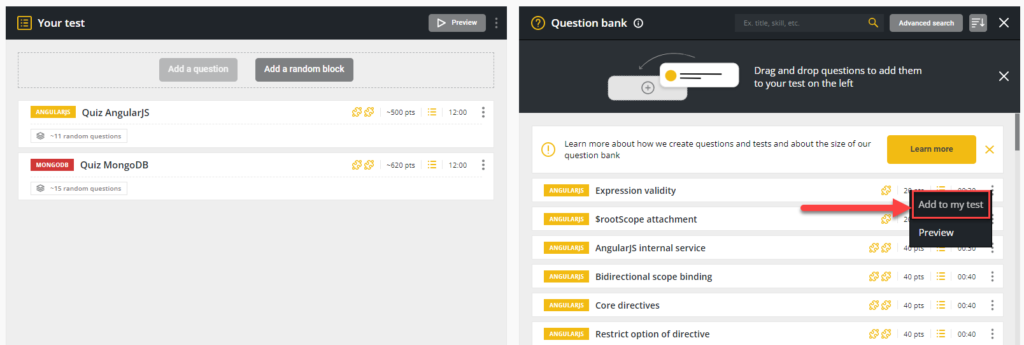 Question bank window open with an arrow pointing towards the vertical ellipses and then a box around the "add to my test" option.