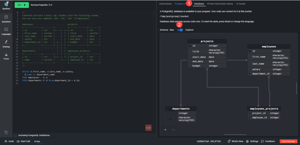 L'onglet de la base de données est ouvert, l'option d'exploration est sélectionnée et une table de clients est affichée. Il y a un 1 à côté de l'onglet "base de données" en haut, et un 2 à côté du bouton de basculement au-dessus du schéma.