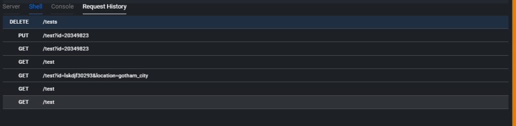 The Request History tab is shown with seven previous reqeusts shown with their HTTP verb and url displayed. 