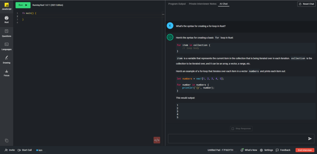 AI assist window on the right of a pad with the question "how do i create a for-loop in rust" with ChatGPT's answer below that.