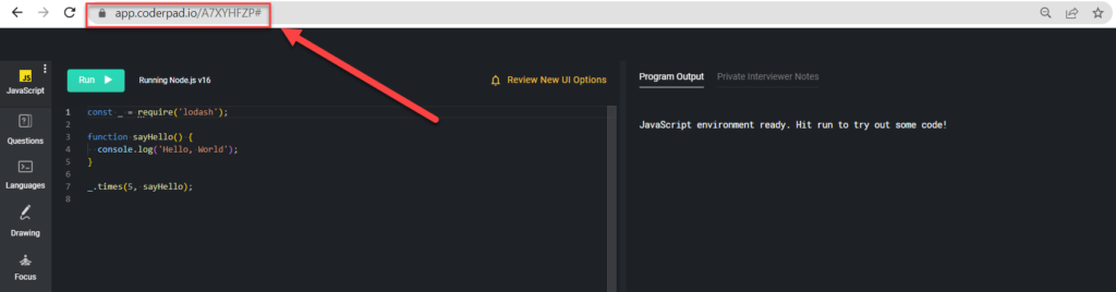 A pad open in a browser window with an arrow pointing to the url at the top of the browser.