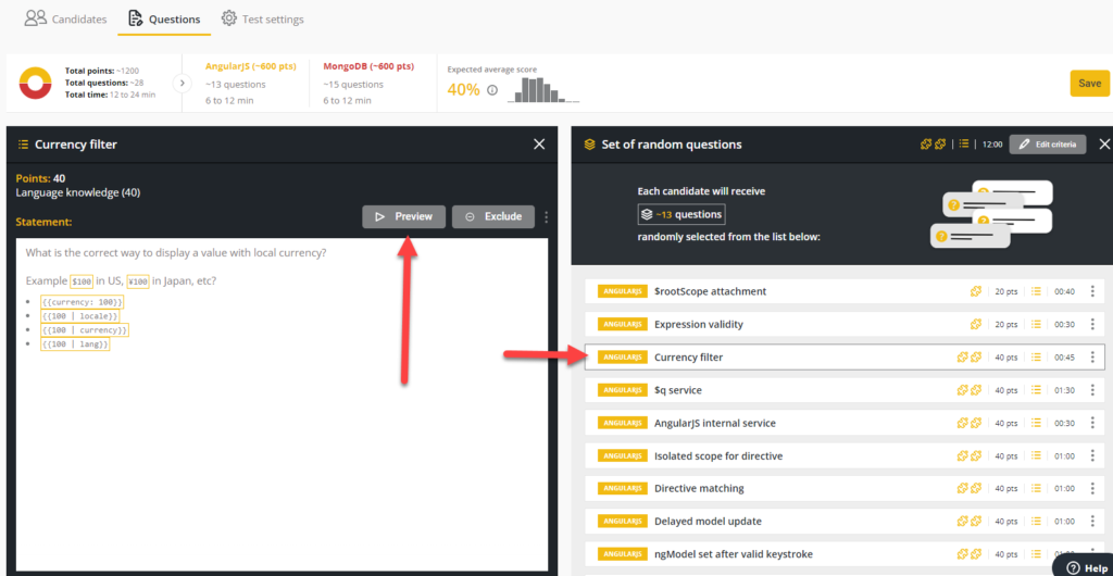 A question selected and opened in a question window with a red arrow pointing towards the Preview button.