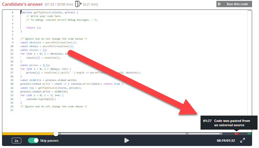 Playback screen with a "Code was paseted from an external source" notification highlighted in the playback bar.